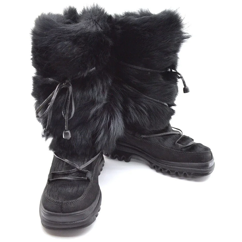 Pajar Winter Fur Boots  size 36.5 / 6.5 Black Suede Laced Pull Shoes Italy